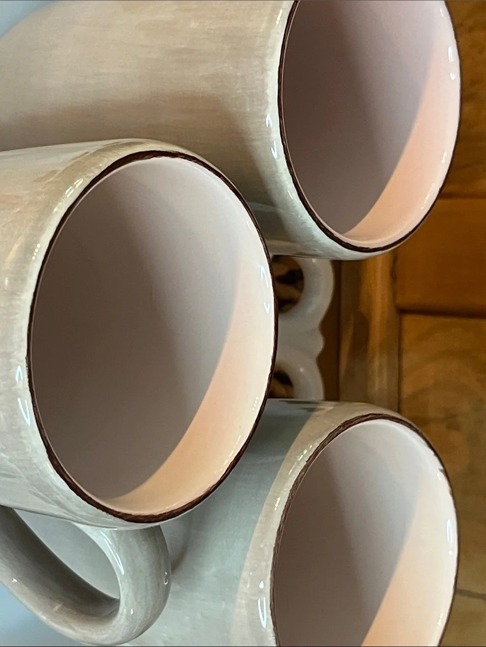 Discontinued Set of 3 Pottery Barn Oversized Mugs- Morning Story- Taupe and Pink